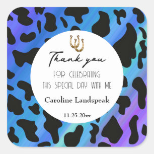 Modern Rodeo Birthday Electric Blue Cowhide Thanks Square Sticker