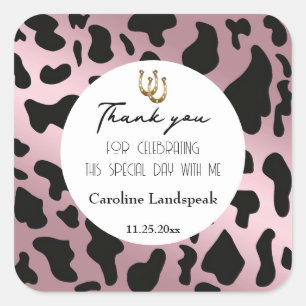 Modern Rodeo Birthday Rose Gold Cowhide Thank You  Square Sticker
