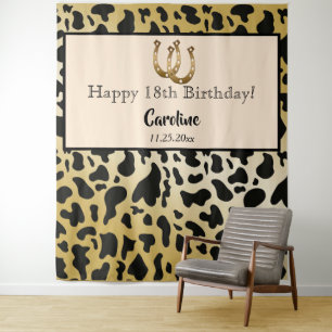 Modern Rodeo Black Gold Cow Print Backdrop  Tapestry