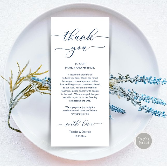 Modern Romance Dinner Place Setting Thank You Card (Wedding Dinner Place Setting Thank You Card, Modern Minimalist, in Navy Blue)