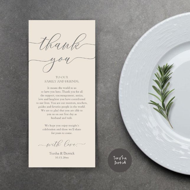Modern Romance Dinner Place Setting Thank You Card (Wedding Dinner Place Setting Thank You Card, Plate Decoration, Modern Script, in Dark Grey Cream)