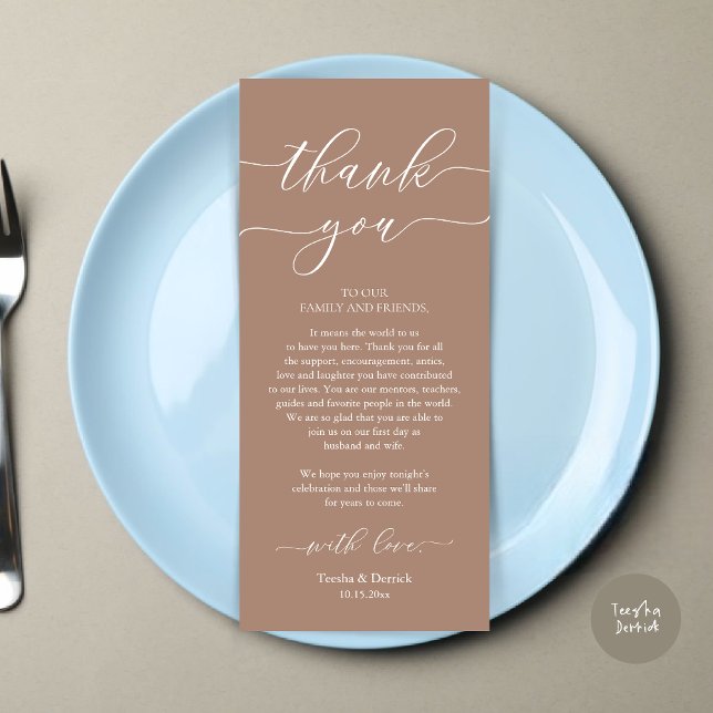 Modern Romance Dinner Place Setting Thank You Card (Wedding Dinner Place Setting Thank You Card, Plate Decoration, Modern Script, in Taupe)