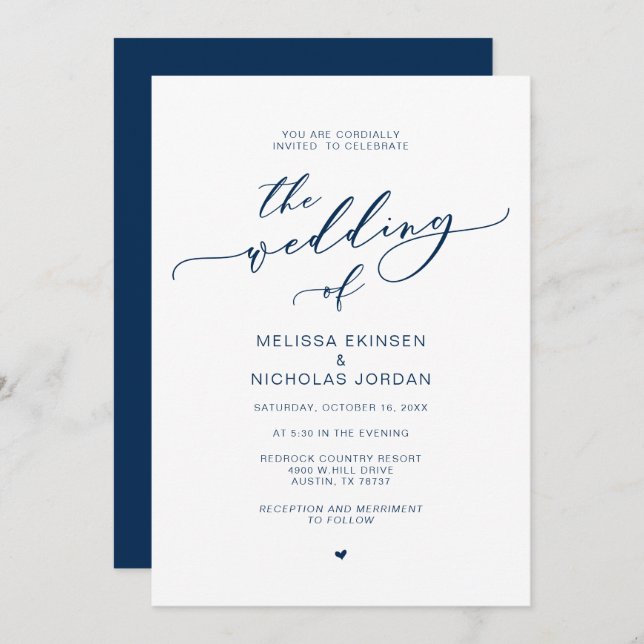 Modern Romance, Navy Blue, Calligraphy Wedding Invitation (Front/Back)