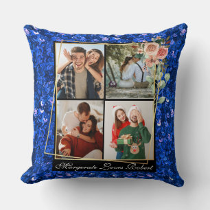 Modern Romantic 4 Photos blue Glitter Valentine's Throw Pillow