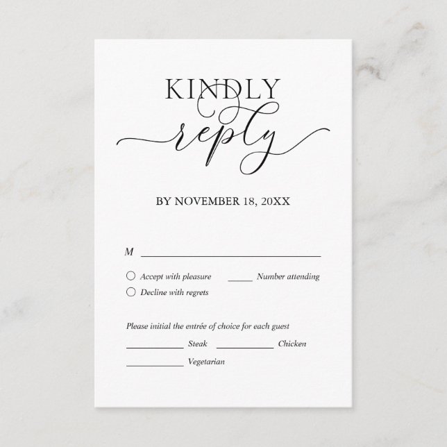 Modern Romantic, Black Script, Wedding Dinner RSVP Enclosure Card (Front)