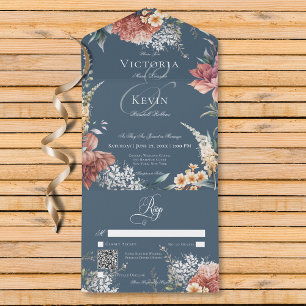 Modern Romantic Blue Garden Floral QR Code All In One Invitation