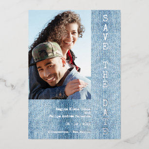 Modern Romantic Blue Jean Engaged Couple Photo
