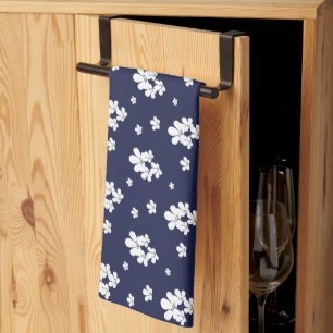Modern romantic navy blue pattern white flowers kitchen towel