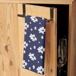 Modern romantic navy blue pattern white flowers kitchen towel