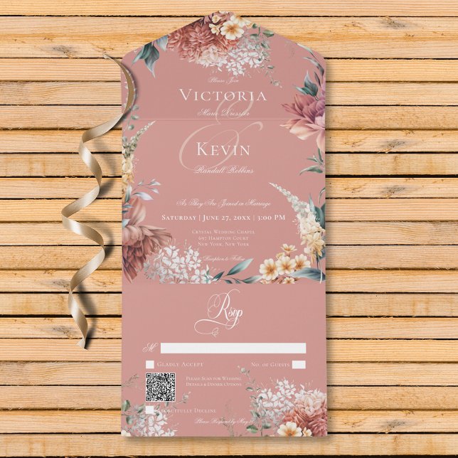 Modern Romantic Pink Garden Floral QR Code All In One Invitation (Modern Romantic Pink Garden Floral QR Code All In One Wedding Invitation)