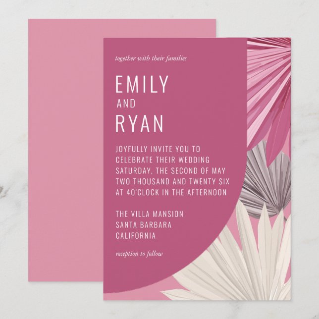 Modern Romantic Pink Tropical Leaf Wedding Invitation (Front/Back)