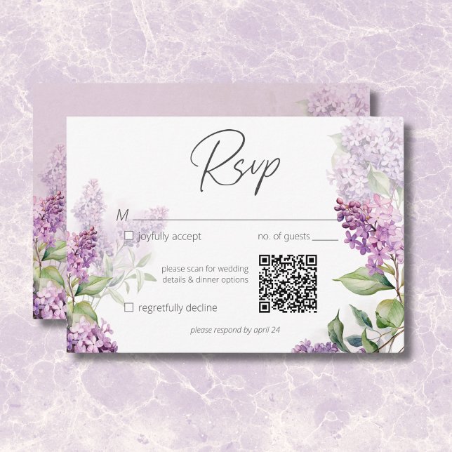 Modern Romantic Purple & Sage Lilacs QR Code RSVP Card (Modern Romantic Purple & Sage Lilacs QR Code RSVP Card)