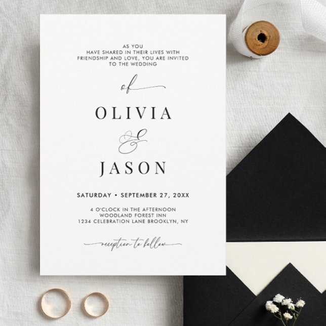Modern Romantic Script Black and White Wedding Invitation (Creator Uploaded)