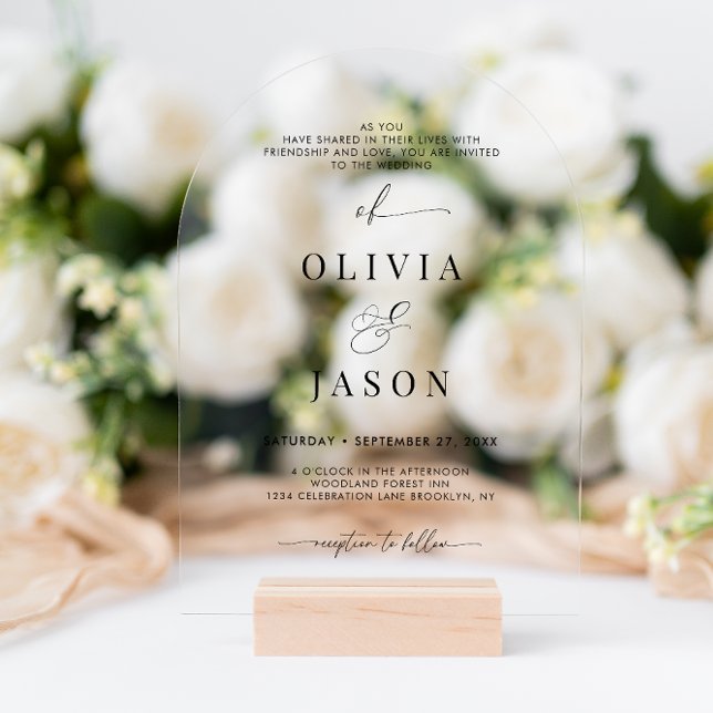 Modern Romantic Script Black White Wedding Arch Acrylic Invitations (Creator Uploaded)