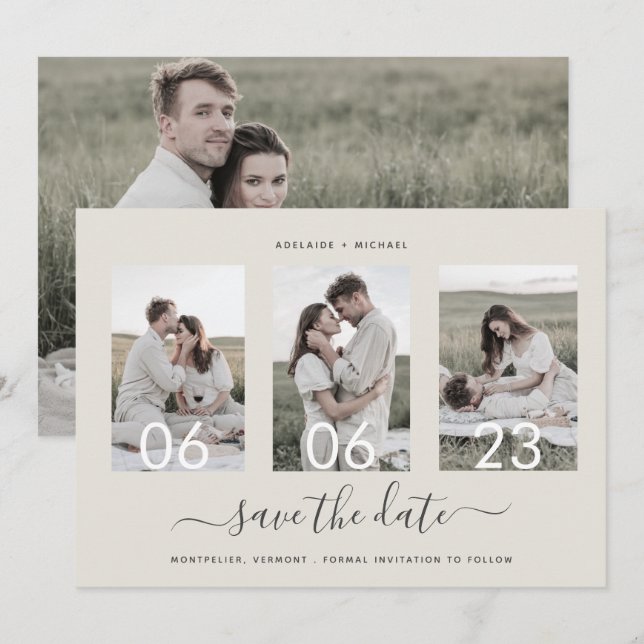 Modern Romantic Script Photo Collage Save The Date (Front/Back)