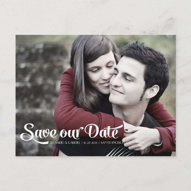 Modern Romantic Script Photo Save the Date Announcement Postcard (Front)