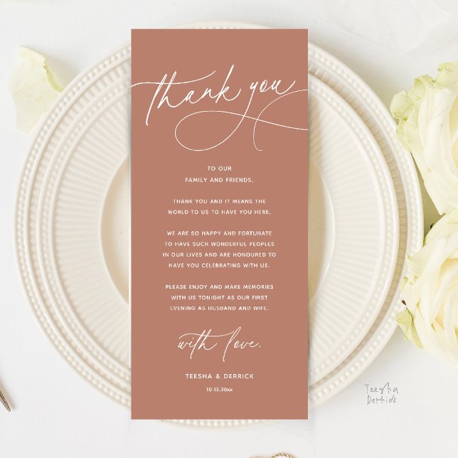 Modern Romantic Wedding Dinner Thank You Card (Modern Romantic Wedding Reception Dinner Thank You Card in Terracotta Earthy Brown)