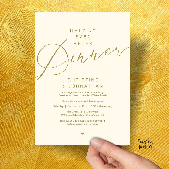 Modern Romantic Wedding Happily Ever After Dinner Invitation (Modern Romantic Wedding Happily Ever After reception Dinner Invitation card in Yellow Gold)