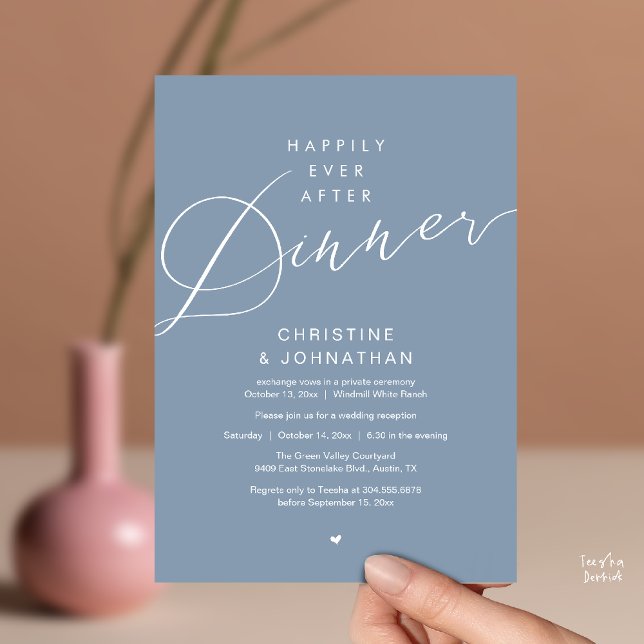 Modern Romantic Wedding Happily Ever After Dinner Invitation (Modern Romantic Wedding Happily Ever After reception Dinner Invitation card in Dusty Blue)