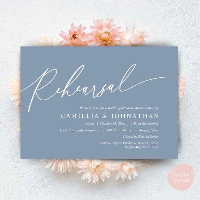 Modern Romantic Wedding Rehearsal Dinner Invitation (Modern Romantic Wedding Rehearsal Dinner Dancing Invitation Card PDF Aesthetic Dusty Blue)