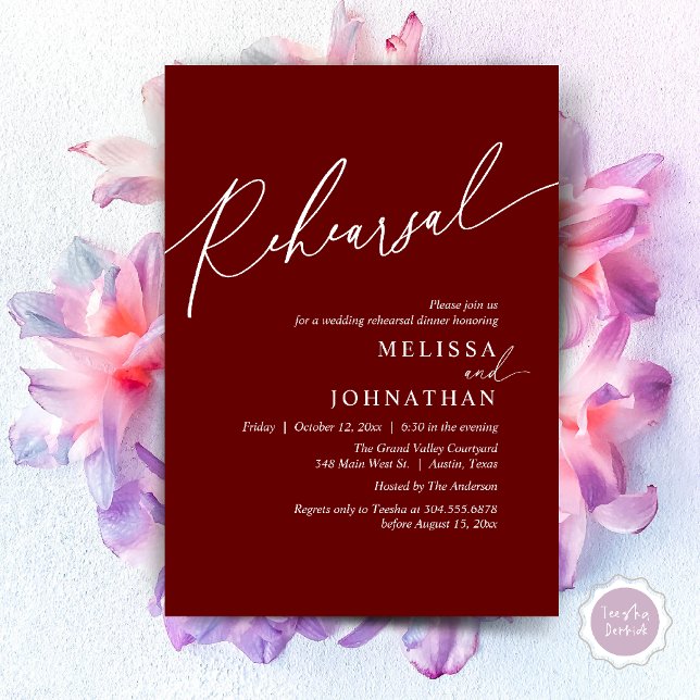 Modern Romantic Wedding Rehearsal Dinner Invitation (Modern Romantic Wedding Rehearsal Dinner Dancing Invitation Card PDF Aesthetic Burgundy wine red)