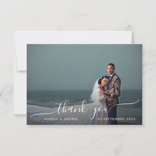 Modern Romantic White Calligraphy Photo Wedding Thank You Card (Front)
