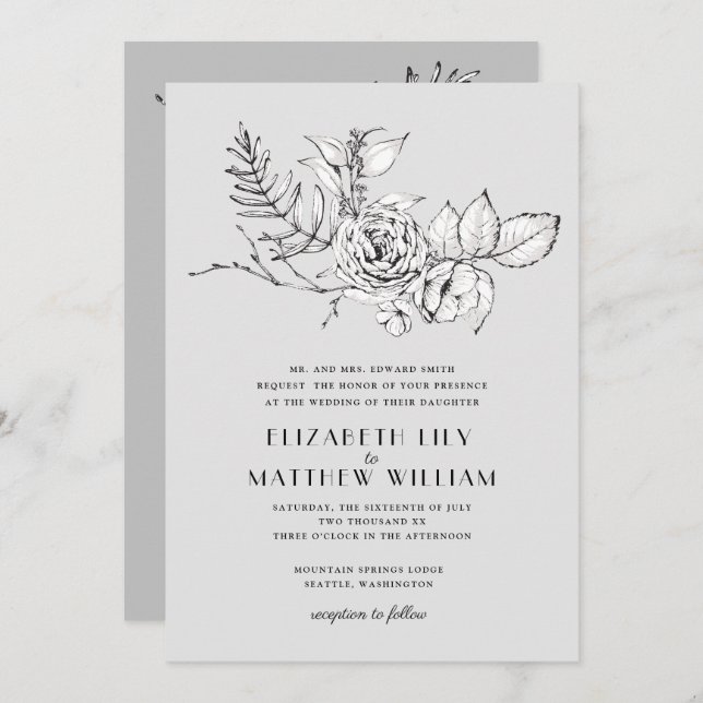 Modern Romantic Wildflower Grey Wedding Invitation (Front/Back)