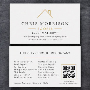 Modern Roofer White Gold QR Code Business Card