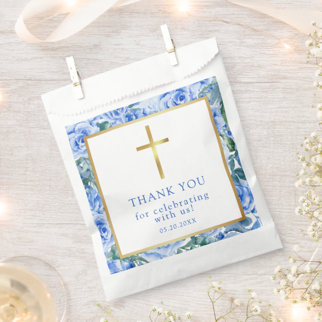 Modern Rose Dusty Blue Watercolor Baptism Boy  Favour Bag (Clipped)