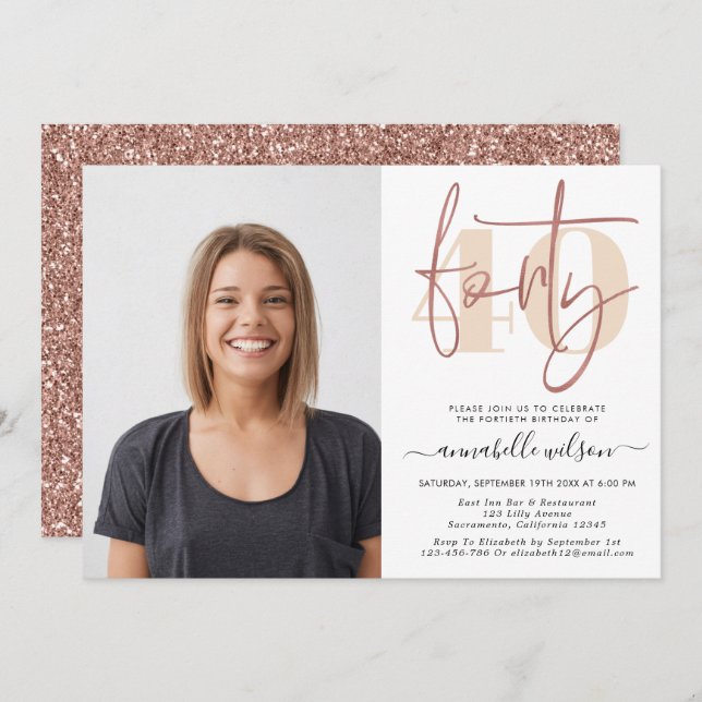 Modern Rose Gold 40th Birthday Photo Invitation (Front/Back)