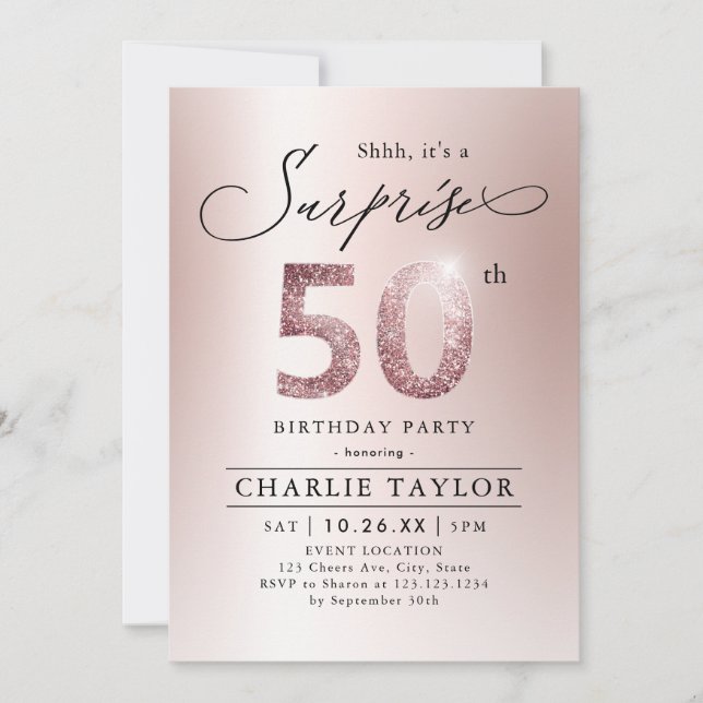 Modern rose gold adult surprise 50th birthday invitation (Front)