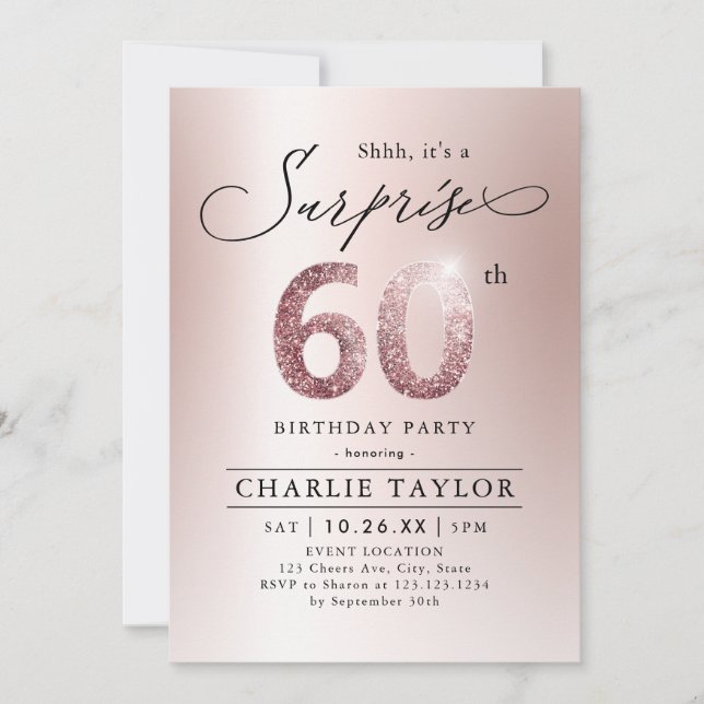 Modern rose gold adult surprise 60th birthday invitation (Front)