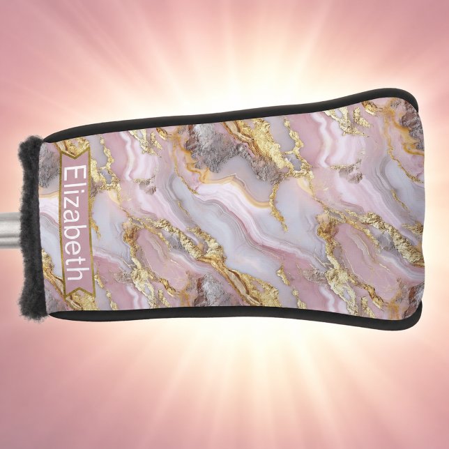 Modern Rose Gold Agate Patterned Personalized Golf Head Cover (Modern rose gold agate patterned and personalized golf club cover for women.)