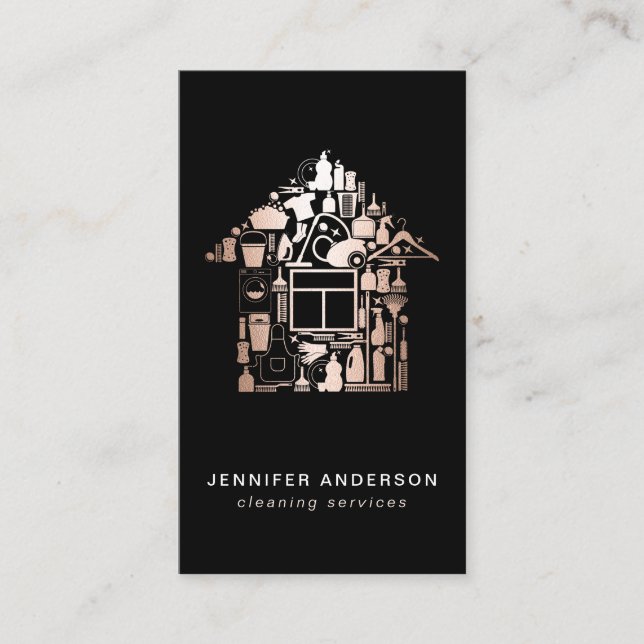 Modern Rose Gold And Black Cleaning Services Business Card (Front)