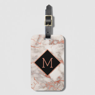 modern rose gold and black monogram on marble luggage tag