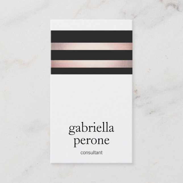 Modern Rose Gold and Black Stripes Business Card (Front)