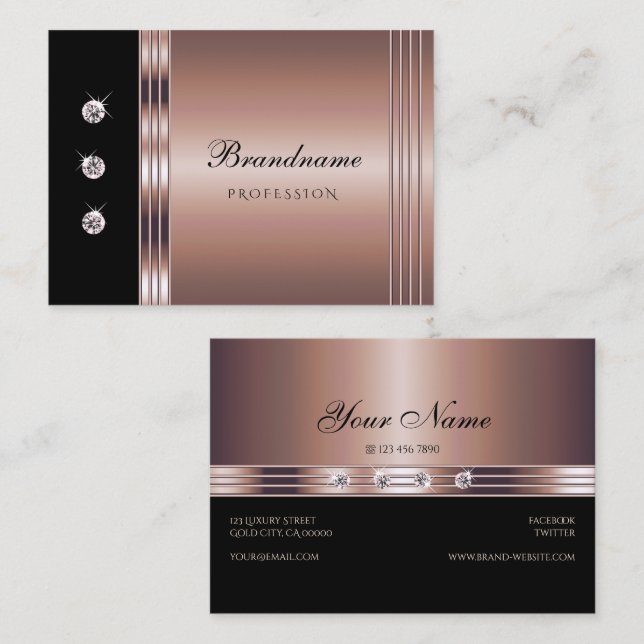 Modern Rose Gold and Black with Luminous Diamonds Business Card (Front/Back)