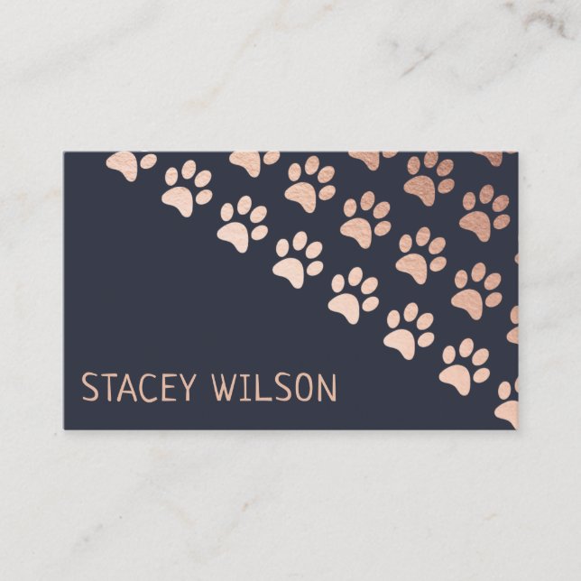 Modern Rose Gold And Navy Dog Walker Business Card (Front)