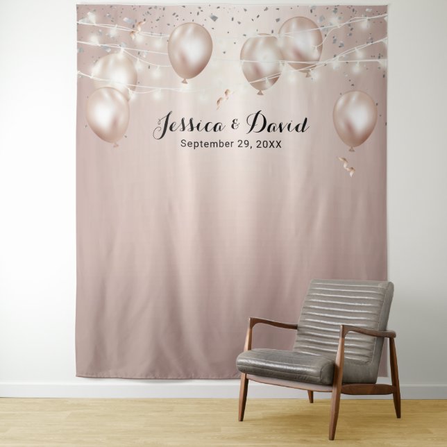 Modern Rose Gold Balloons Streamers Wedding Tapestry (In Situ)