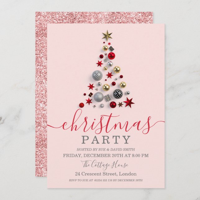 Modern Rose Gold Bauble Tree Holiday Christmas Invitation (Front/Back)
