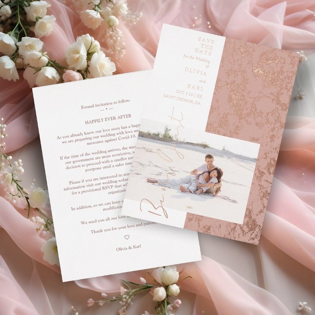 Modern Rose Gold Be Our Guest Photo Couple (Modern Real Rose Gold Be Our Guest Photo Couple Real Metallic Foil Save the Date Card with Envelope.)