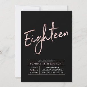 Modern Rose Gold & Black 18th Birthday Party Invitation
