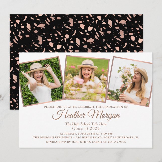Modern Rose Gold Black 3 Photo Graduation Party Invitation (Front/Back)