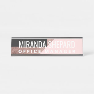 Modern Rose Gold Black Blush Pink Geometric Desk Name Plate