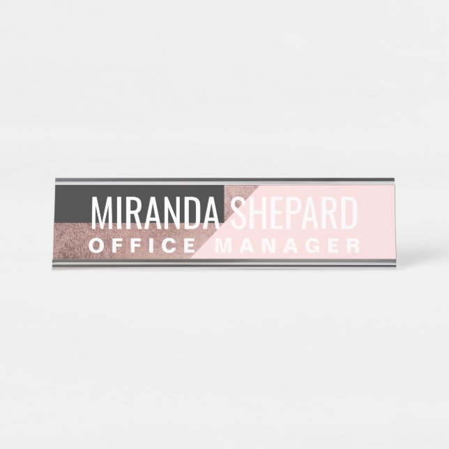 Modern Rose Gold Black Blush Pink Geometric Desk Name Plate (Front)