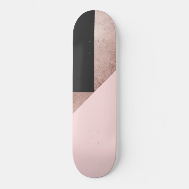 Modern Rose Gold Black Blush Pink Geometric Skateboard (Front)