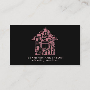 Modern Rose Gold & Black Cleaning Services Business Card