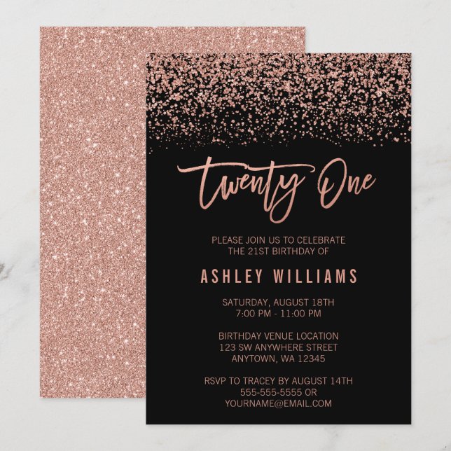 Modern Rose Gold Black Faux Glitter 21st Birthday Invitation (Front/Back)