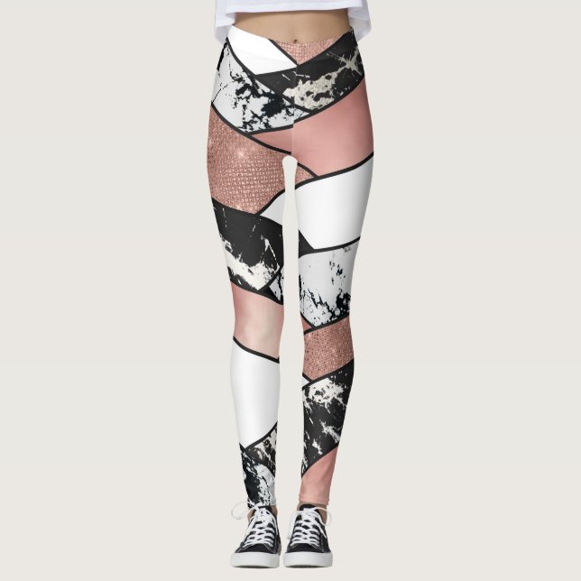 Modern Rose Gold Black Glitter Marble Geometric Leggings (Front)