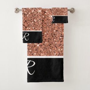 Modern Rose Gold Black Glitter Monogram Initial Bath Towel Set